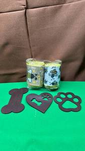 lot 519 image: 2 Rolls Wired Bumblebee Ribbon and Bone and Paw Print Decorative Wooden Cutouts - Retail $16