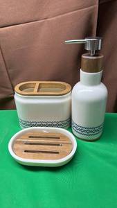 Modern Ceramic and Wood Bathroom Accessory Set - Retail: $25