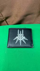 lot 553 image: Black Leather Bifold Wallet with Gaming Symbol Design and Mushroom Keychain - Retail $30