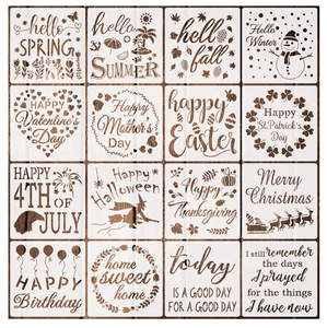 lot 560 image: 16 Piece Seasonal Home Sign Stencils - Reusable Festival Word Stencils for Painting on Wood Walls, Home Door Decorations (5.9 Inches)