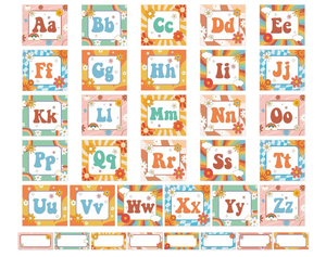 lot 571 image: Groovy Bulletin Board Decorations Retro Classroom Decor Word Wall Bulletin Board Set Groovy Themed Wordwall Letters Summer Hippie Daisy Cutouts for Elementary Preschool Back to School Wall Supplies - Retail $10