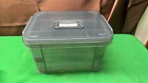 lot 579 image: Tinted Plastic Storage Box with Compartment on Inside Top, Organizer Tray 8.5x7.75x5.5 inch  - Retail $19