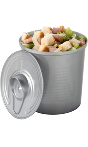 lot 589 image: Restaurantware 4 oz Round Silver Plastic Tin Can - with Lid - 2 12 x 2 12 x 2 34 - 100 count box - Retail $50