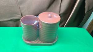 lot 615 image: 4pc Bathroom Set Canister with Lid and Cup Set with Tray plastic in Neutral Brown Color. - Retail $6
