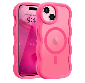 lot 616 image: iPhone 15 Case, Curly Wavy Frame Hard Translucent Matte Clear Back Cover for Women Men Compatible with Magsafe TPU Bumper Shockproof Drop Protection Phone Case for iPhone 15, Hot Pink - Retail $11