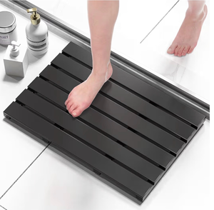 Wooden Bamboo Bath Shower Mat- Non-Slip Waterproof Large Bathroom Floor Mat for Indoor Outdoor (Black, 21.26 x 14.17 x 1.3 Inches) - Retail: $40