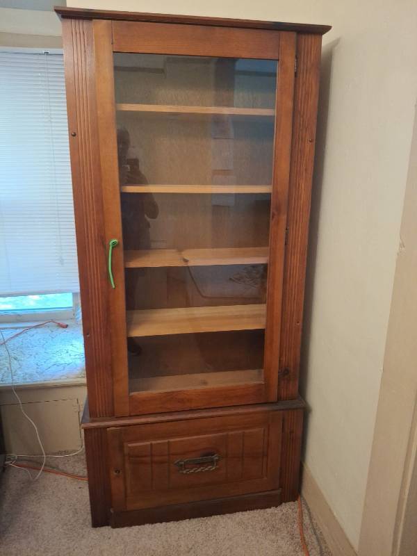 lot 2025 image: Wood Display Cabinet Glass Door with Lower Storage