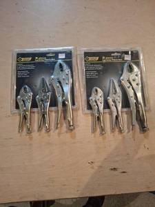 lot 1714 image: (2) Steel Grip 3 Piece Locking Pliers Set 5 6-12 10 Curved Jaw Long Nose