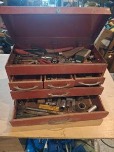lot 1751 image: Red Metal Tool Box with Hand Tools and Hardware