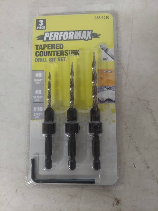lot 2076 image: Performax 3-Piece Tapered Countersink Drill Bit Set