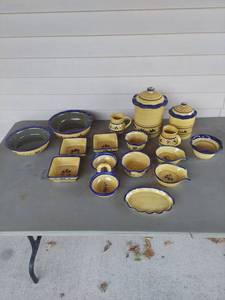 lot 1817 image: Yellow & Blue Ceramic Dinnerware Set - Floral, Hand-Painted