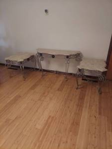 lot 1824 image: 3-Piece Console and Side Table Set with Scrollwork Metal Base