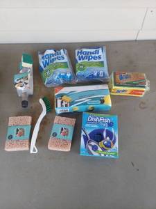 lot 1848 image: Cleaning Supplies Lot Handi Wipes, Brillo Pads, DishFish Scrubber, Brushes