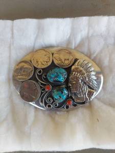 lot 2104 image: Belt Buckle with Buffalo Nickels and Turquoise Stones
