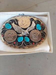 lot 2125 image: Decorative Belt Buckle with Eagle, Ike Dollars, Turquoise and Coral Stones