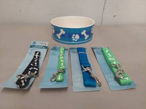 lot 2218 image: Ceramic Pet Bowl and 4 Leashes