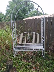 lot 1011 image: Metal Garden Bench with Arched Canopy and Decorative Side Panels - 7 ft Tall