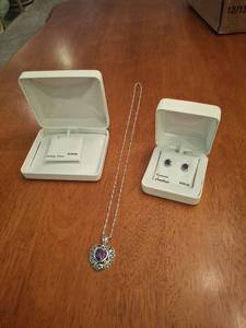 Sterling Silver and Amethyst Jewelry Set - Heart Pendant Necklace and Earrings