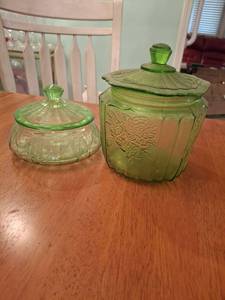 lot 1122 image: Green Glass Biscuit Jar and Dish with Lids