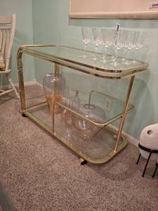 Two-Tier Brass and Glass Bar / Serving Cart with Casters