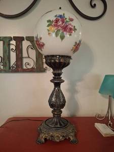 lot 1133 image: Table Lamp - Floral Painted Globe and Ornate Metal Base