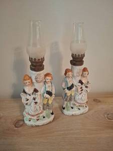 lot 1145 image: Pair of Figurative Oil Lamps with Glass Chimneys