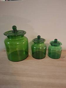 lot 1159 image: Green Glass Canister Set - 3-Piece