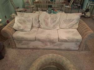 lot 1206 image: Rattan Upholstered Sofa and Chair