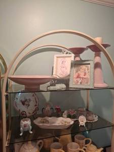 lot 1214 image: 2 Shelves of Decor - Pink Pedestal Candle Holders Pair and Trinket Boxes