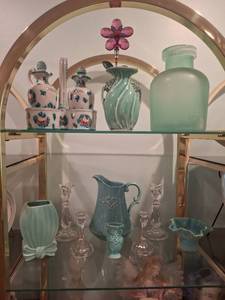 lot 1219 image: 2 Shelves of Decor - Turquoise Vases and Vinegar  Oil Set