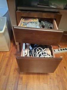 lot 1272 image: Two-Drawer Wood Cabinet with Electrical Cords, Tools and Accessories Lot