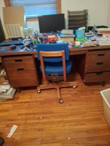 lot 1273 image: Wooden Desk and Work Table with 2 Rolling Chairs