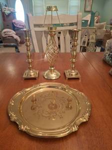 lot 1303 image: Brass Candlestick Set with Ornate Tray