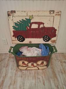 lot 1328 image: Painted Boiler with Snowmen and Wood Sign with Red Truck and Christmas Tree