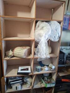 lot 1350 image: Wood Shelving Unit and Contents - 7ft tall