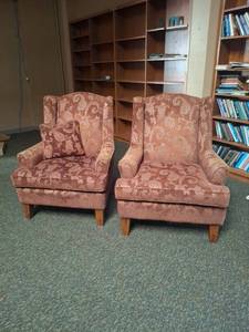 lot 1010 image: Pair of Wingback Armchairs with Paisley Pattern Upholstery