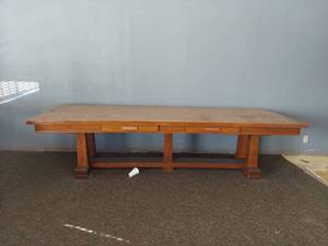 Wood Table with Two Drawers, Approximately 10ft Long