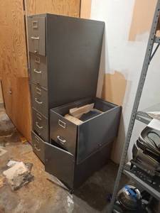 lot 1065 image: 2 Metal File Cabinets and Metal 2 Door Cabinet - with Contents
