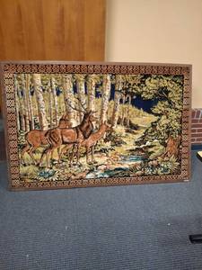 lot 1193 image: Framed Tapestry Deer Forest Scene