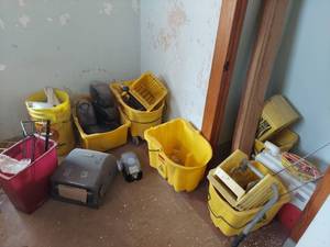 lot 1211 image: Mop buckets, soap dispensers, paper towel dispenser, mop holder - Upstairs