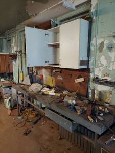 lot 1219 image: Workbench and Cabinet on Wall.