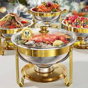 lot 7354 image: Chafing Dishes Buffet Set 6.5QT, 4-Pack Round Warmers, Glass Lid, Gold