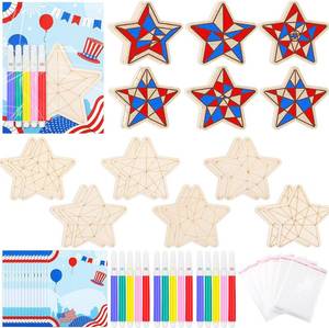 lot 7498 image: Saypacck 24-Set 4th of July Stars Wood Crafts Kit with Watercolor Pen
