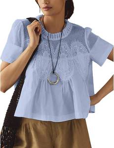 lot 7514 image: Womens Babydoll Tops Short Sleeve Lace Detail Blouses, Lightweight Small