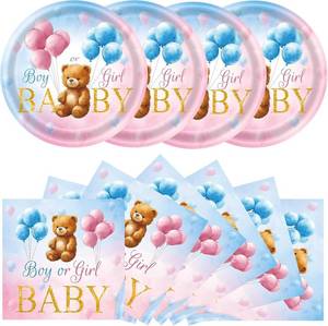 lot 7524 image: 40 Pcs Blue & Pink Bear Baby Shower Plates & Napkins - Bear Theme Tableware