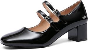 lot 7577 image: NEWBELLA Womens Patent Leather Mary Janes - Buckle Strap, Square Toe Pumps 8