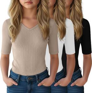 lot 7610 image: 3 Pack Girls T-Shirts 7-8 Years Tween V-Neck Cute Fitted Tops for Kids