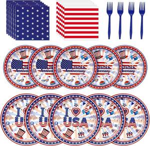 lot 7614 image: Qpout 96 Pcs 4th of July Party Supplies - American Flag Plates Napkins Forks