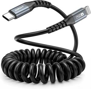 lot 7903 image: SUNGUY Coiled USB-C to Lightning Cable for iPhone, 2-Pack 1.3-3.3ft Black