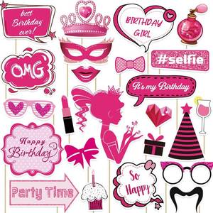 lot 7985 image: 3 Packs 24 Pcs Pink Girls Birthday Photo Booth Props Kit - Pink Princess Party